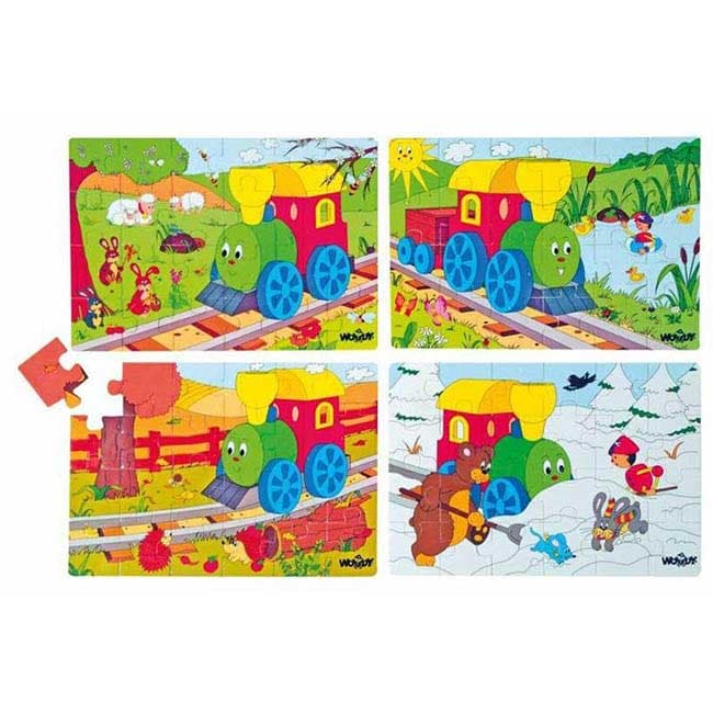 WoodyLand Drveni puzzle Lokomotiva Maša i godišnja doba - 4 slike 93101